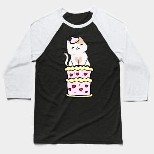 Funny white cat jumping out of a cake Baseball T-Shirt